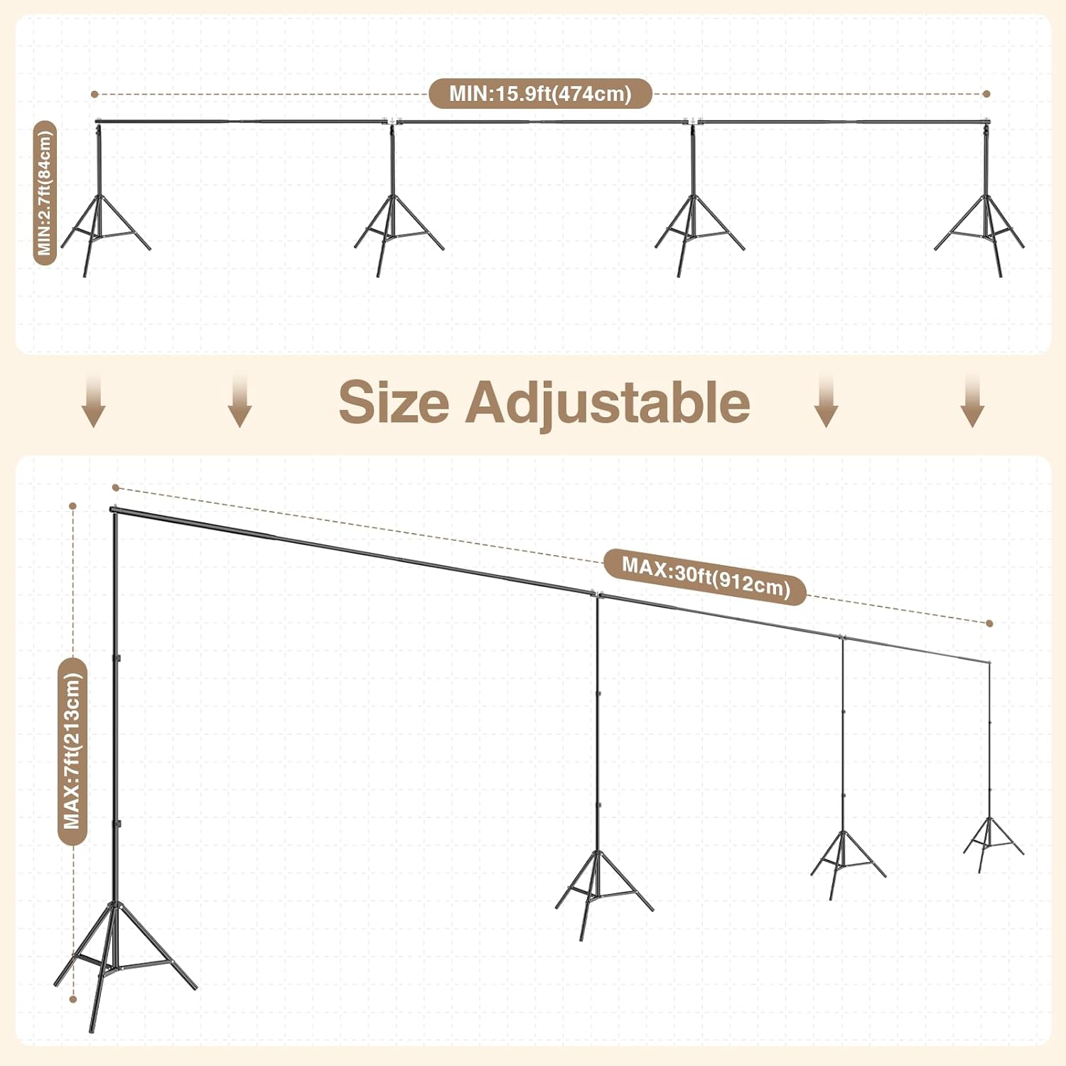 30x7Ft Large Adjustable Backdrop Stand Kit with 308° Angle Rotatable Connector