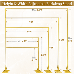 EMART 8FT Square Backdrop Stand Heavy Duty, Gold Metal Pipe and Drape Stand, Banner Stand with Triangle Base, Water Bags, Ground Stakes, Back Drop Stand for Party, Wedding, Birthday, Photography Studio