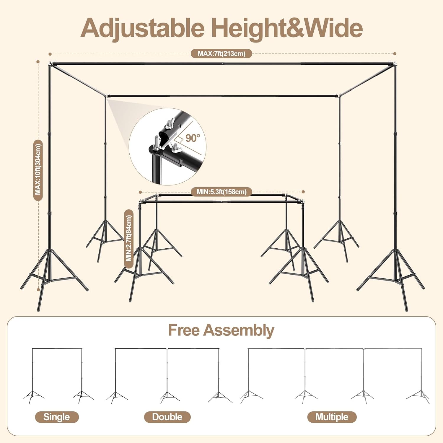 10x10x7Ft Square Large Adjustable Backdrop Stand Kit with 308° Angle Rotatable Connector