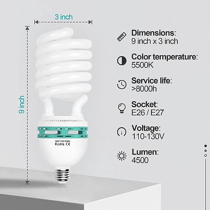 105W 5500K Full Spectrum Light Bulb, CFL Daylight for Photography -2 packs