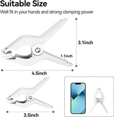 Heavy duty spring clamps in white plastic, measuring 4.5 inches, designed to fit comfortably in hands with strong clamping
