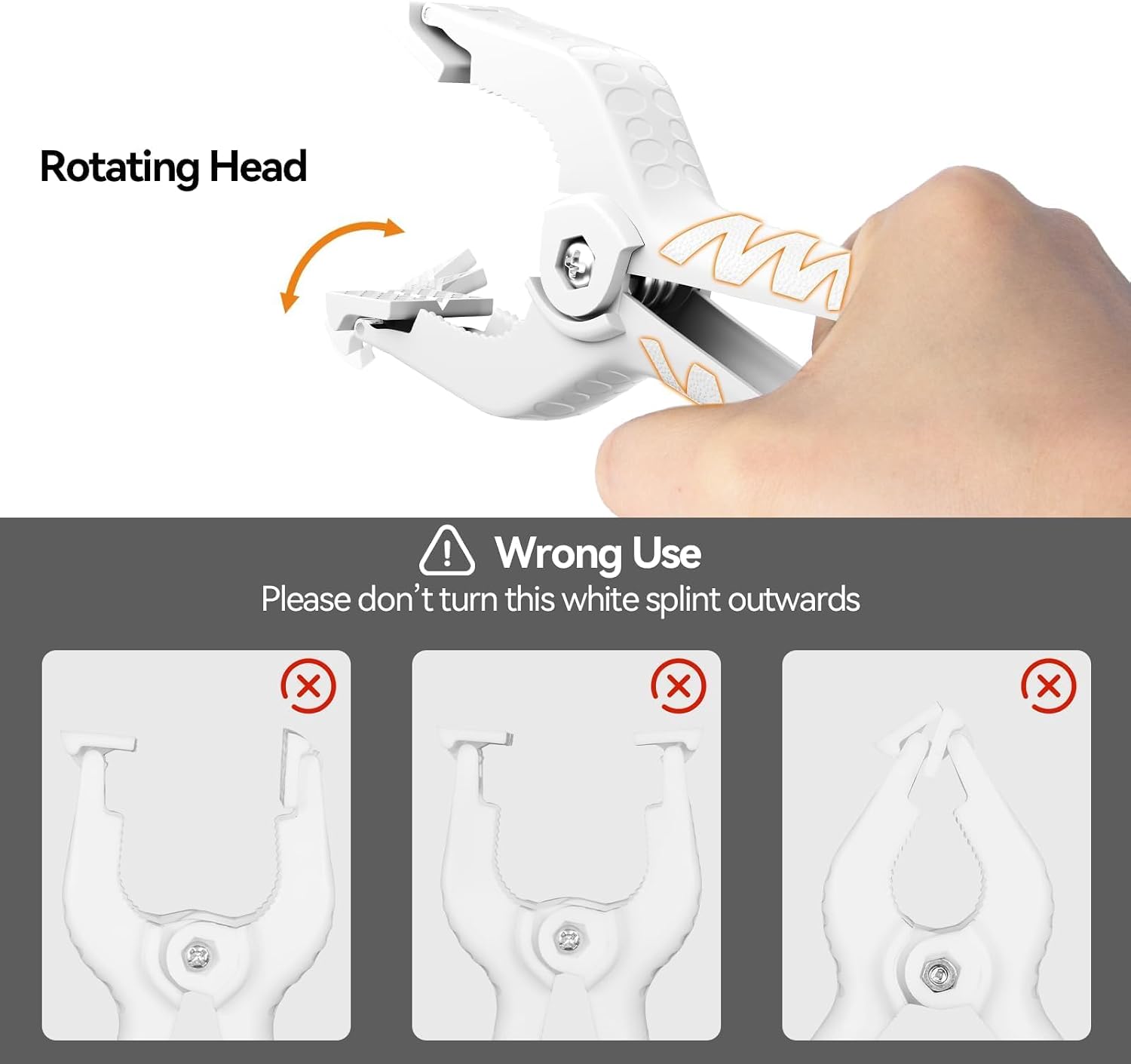 Heavy duty spring clamps in white plastic, featuring a rotating head design, with instructions on proper usage to avoid