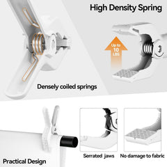 White backdrop clips featuring high-density springs, densely coiled springs, serrated jaws, and a practical design to