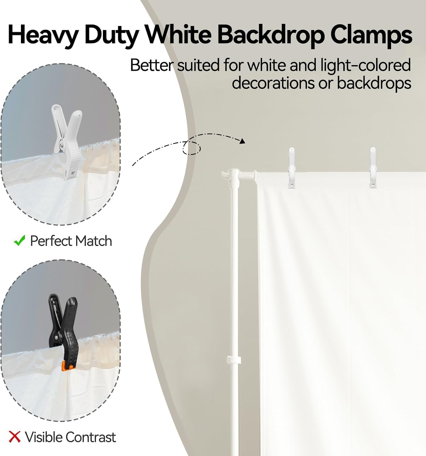 Heavy duty white backdrop clips designed to perfectly match light-colored backdrops without creating a visible contrast.