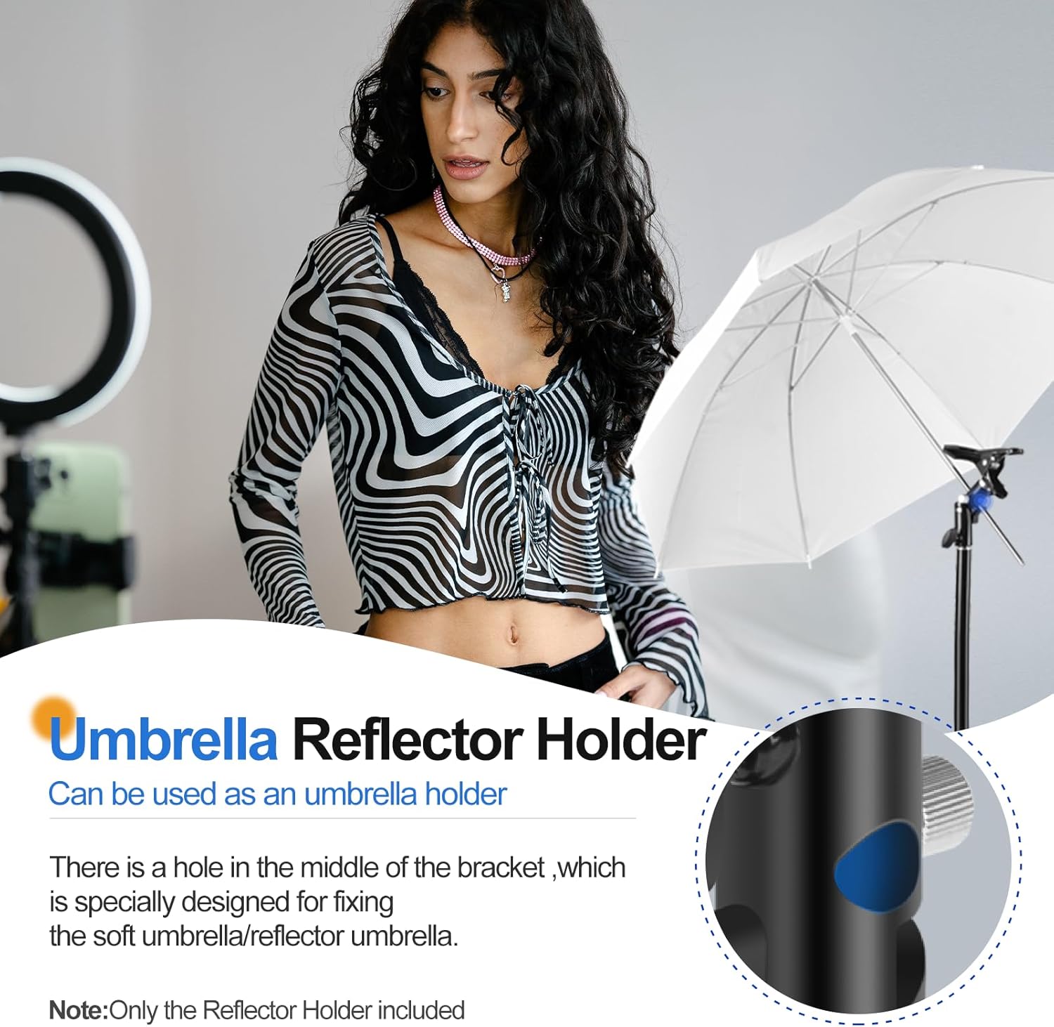 Photography Reflector Holder 5/8" Heavy-Duty Metal Clamp Attachment with Umbrella Hole