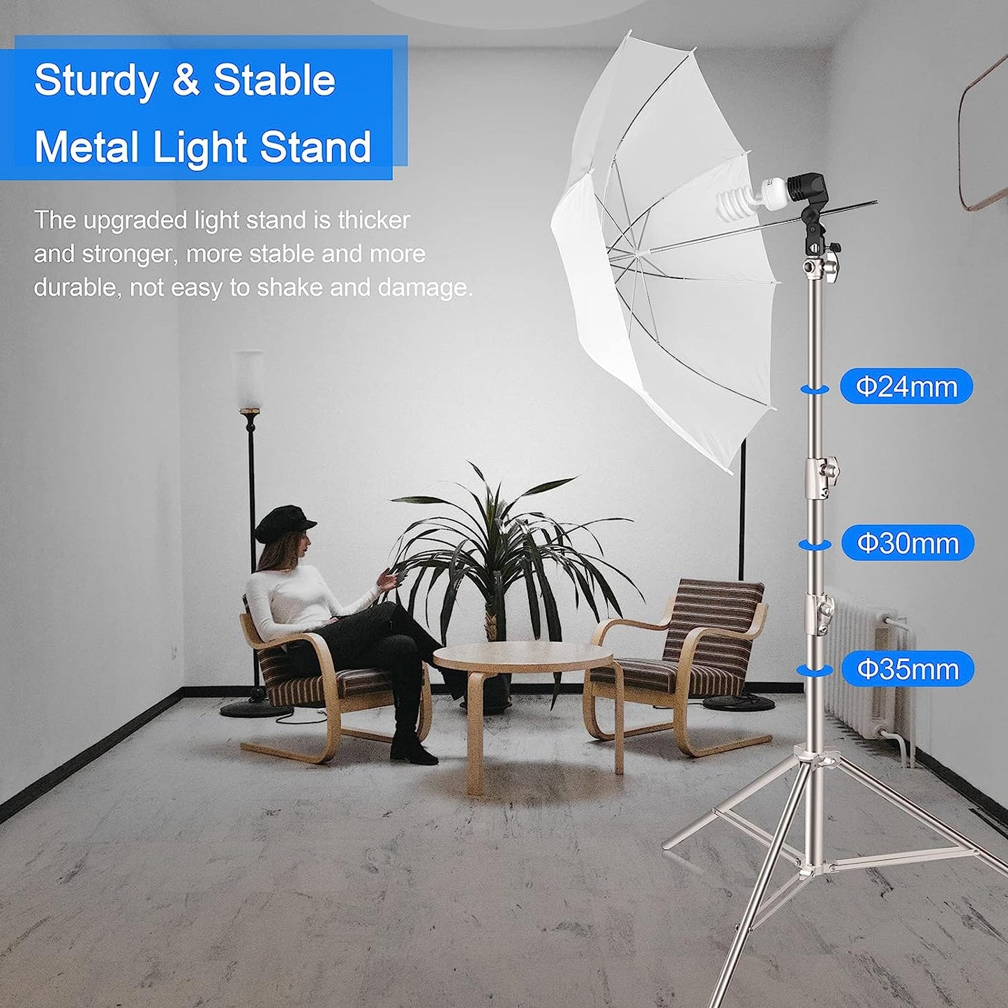 9.2ft/2.8m Stainless Steel Light Stand, Spring Cushioned