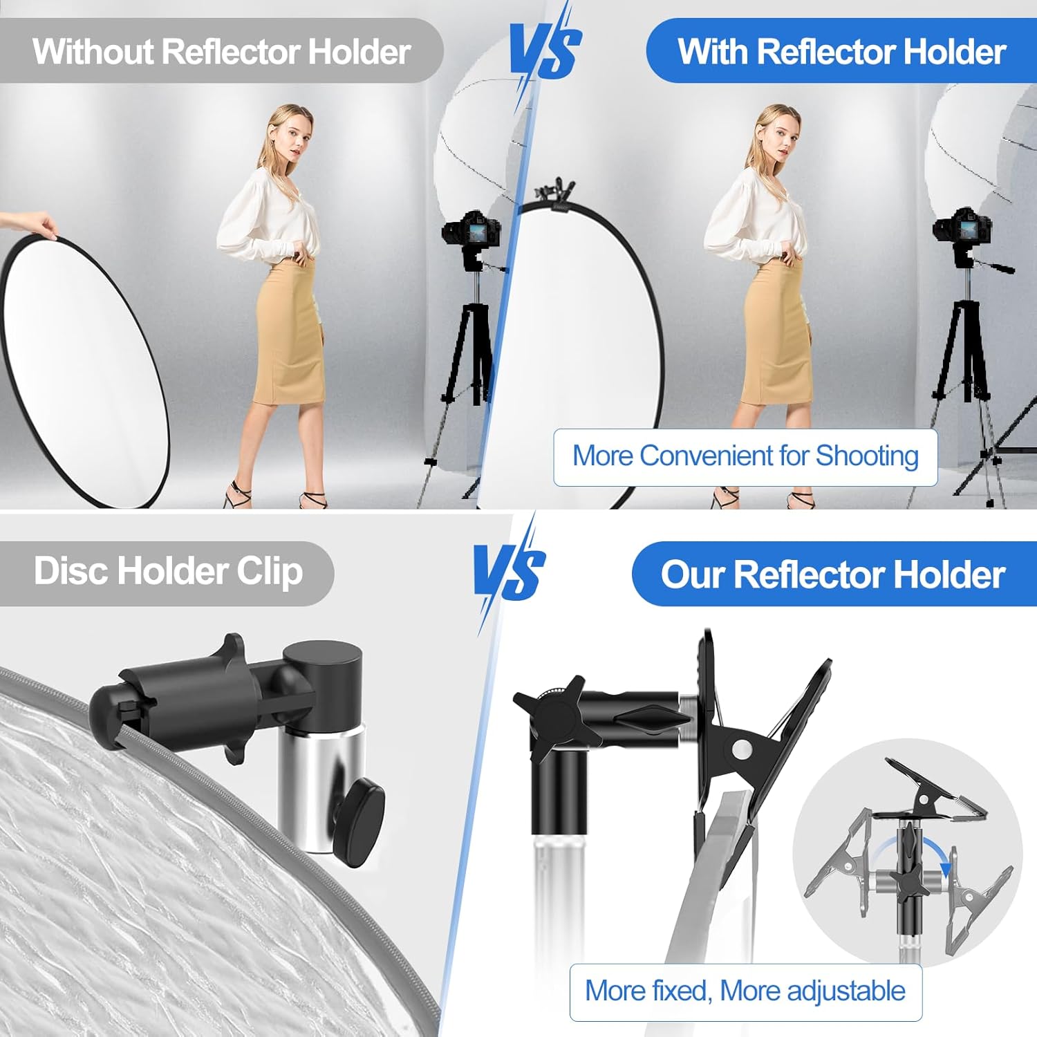 Photography Reflector Holder 5/8" Heavy-Duty Metal Clamp Attachment with Umbrella Hole