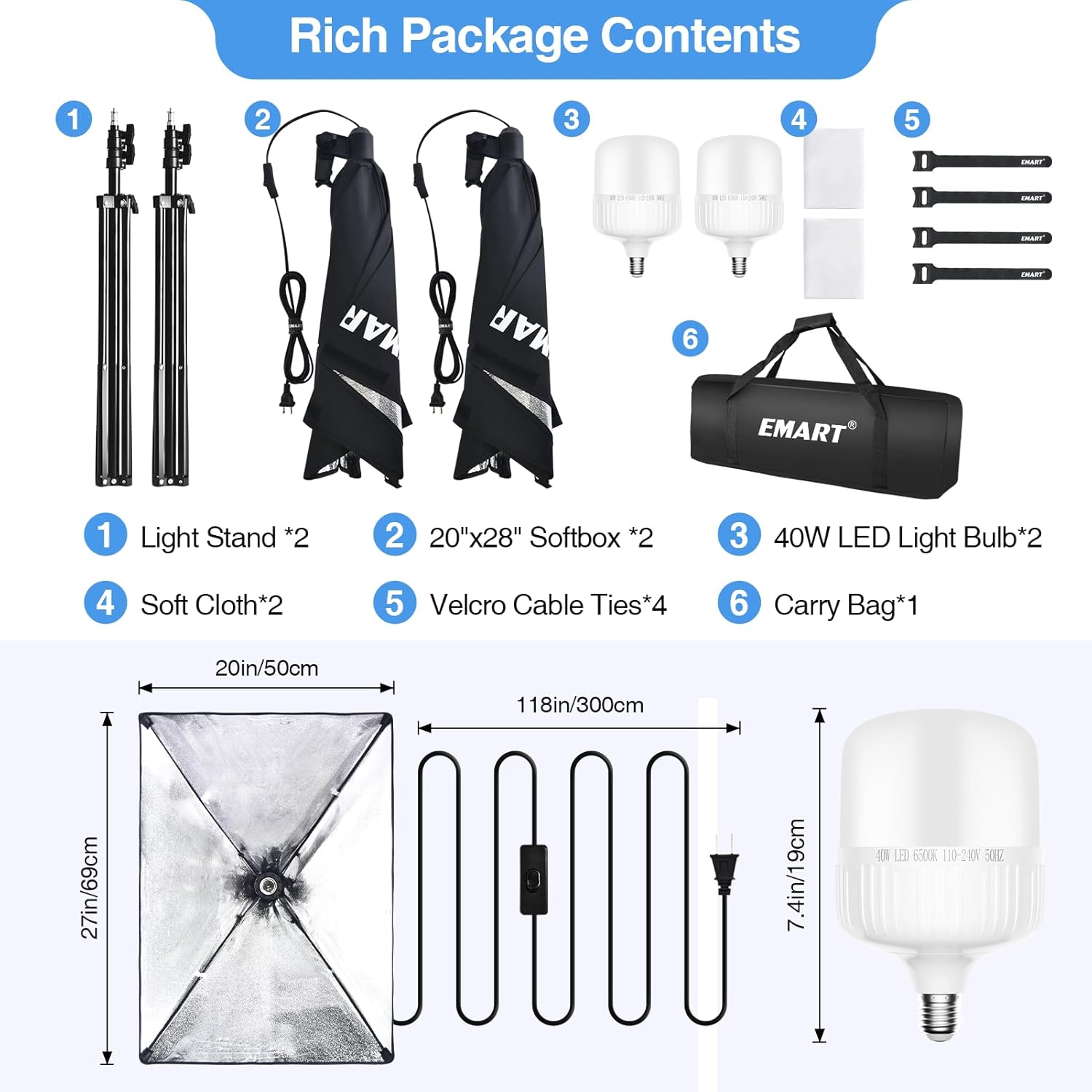 20"x28" Softbox Lighting Kit with 40W 6500K LED Bulbs