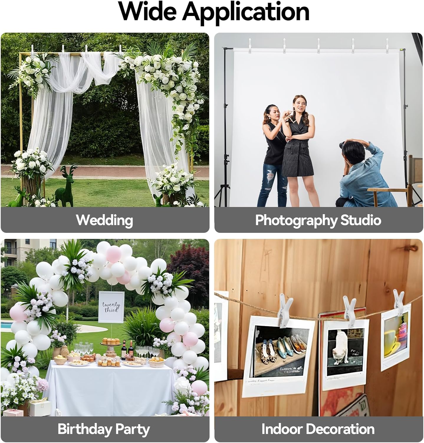 Heavy duty spring clamps in white plastic, used to hold backdrops in various settings like weddings, photography studios