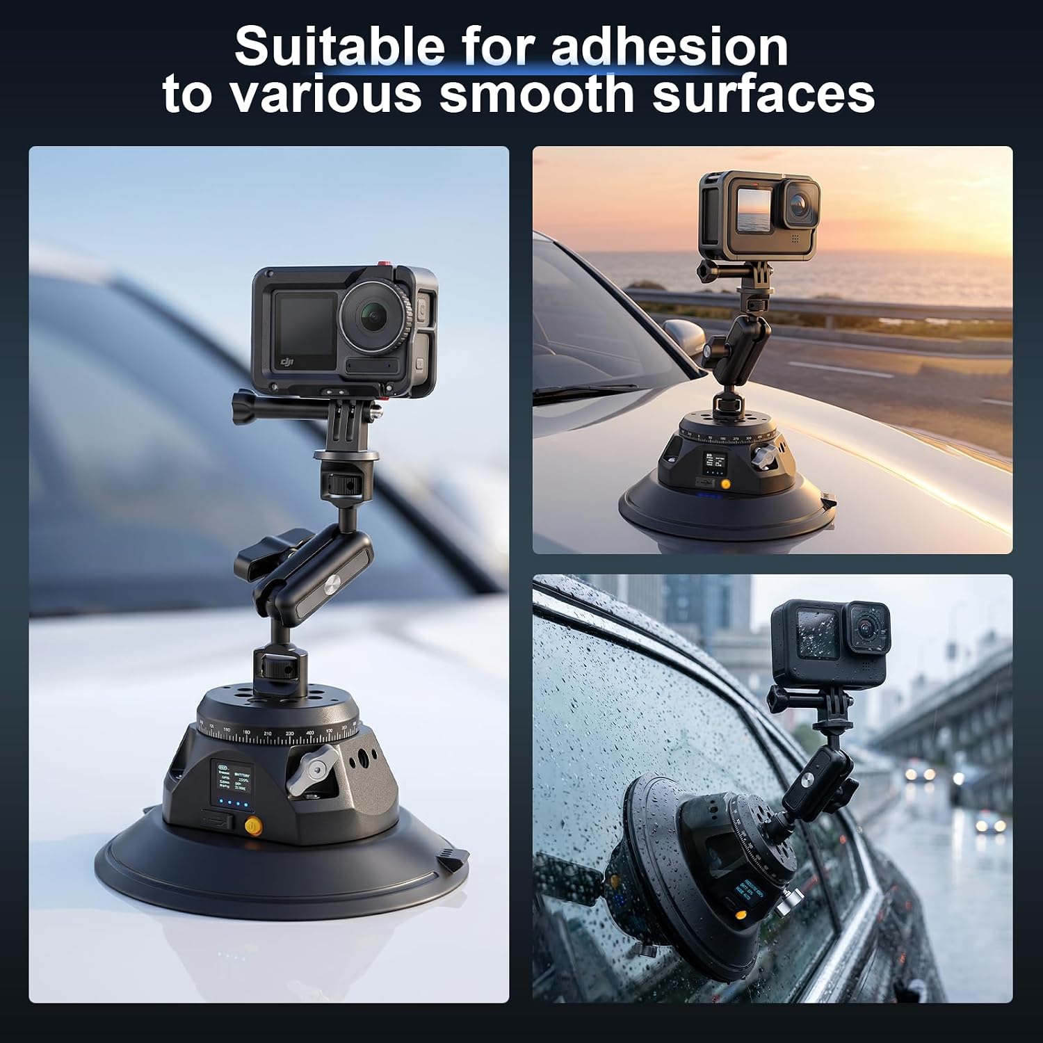 Collage of action cameras on electric suction mounts attached to car bodywork and a side window.