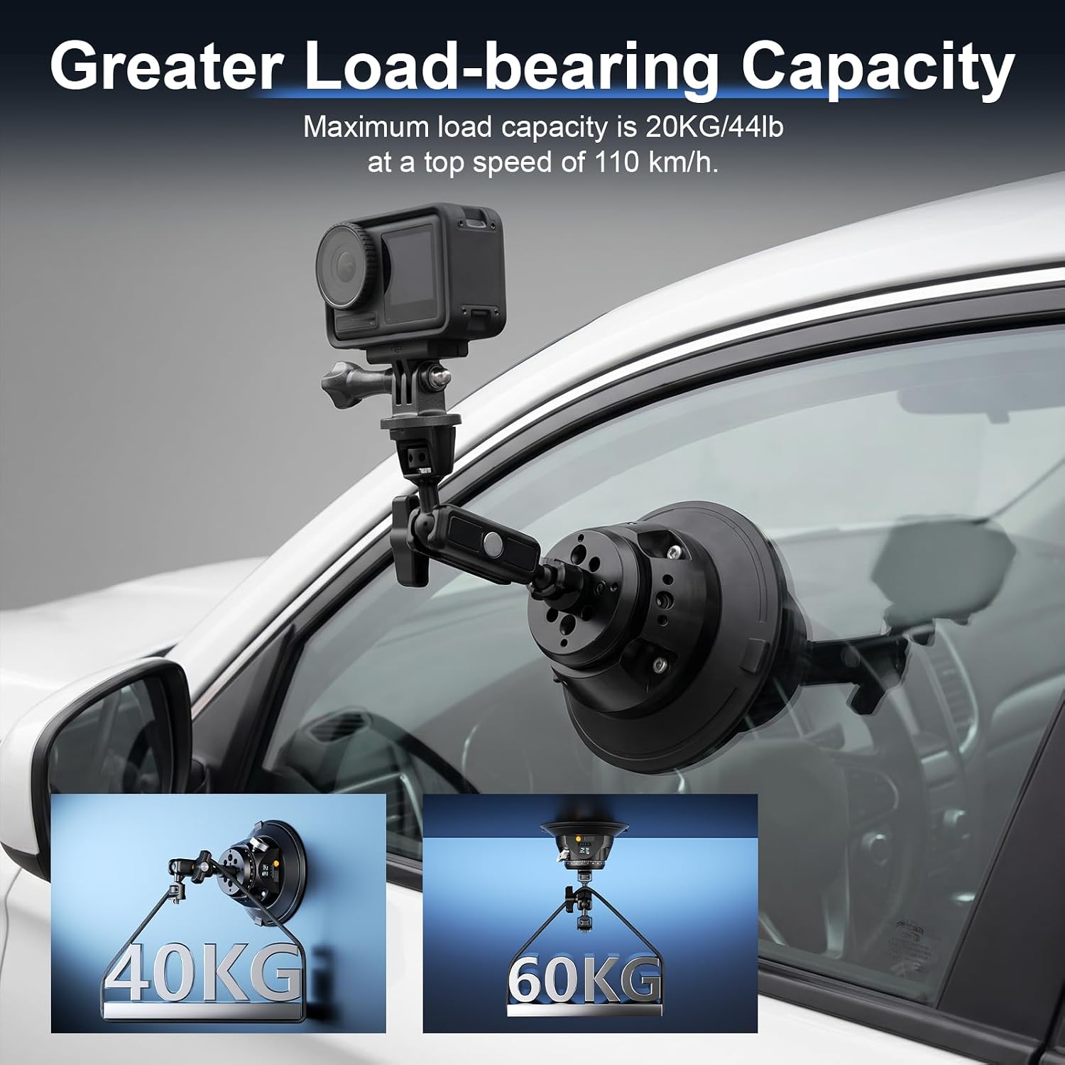 Action camera on an electric suction mount attached to a car side window, with load capacity illustrations below.