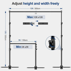 Adjustable backdrop stand showing a height range of 3–10 ft and width options of 5 ft and 10 ft.