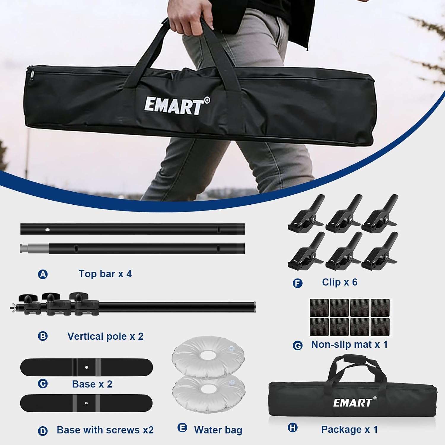 Backdrop stand kit contents showing crossbars, upright poles, base plates, water bags, clamps, non-slip pads, and carrying bag.