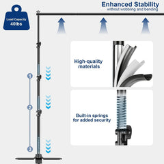 Backdrop stand diagram showing built-in buffer springs, pole construction, and a labeled 40 lb load capacity.