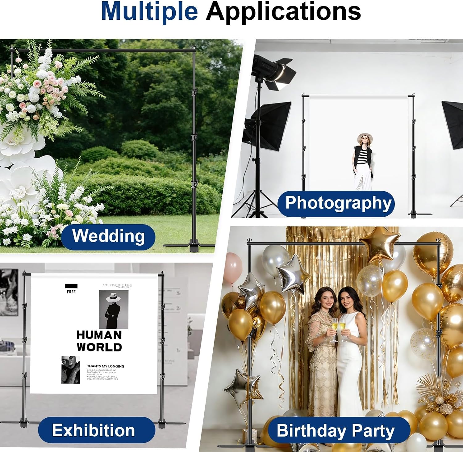 Collage showing the backdrop stand used for a wedding, studio photography, an exhibition display, and a birthday party.
