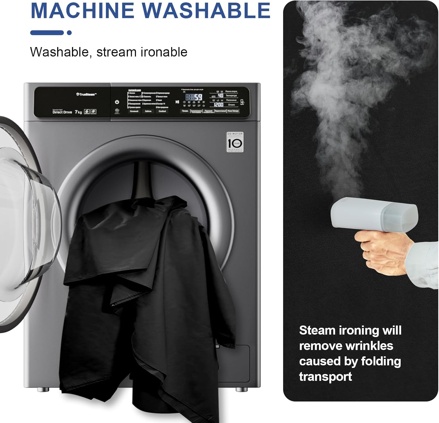 Dryer with clothes inside and a steam iron on a black background, highlighting machine washable and steam ironable features.