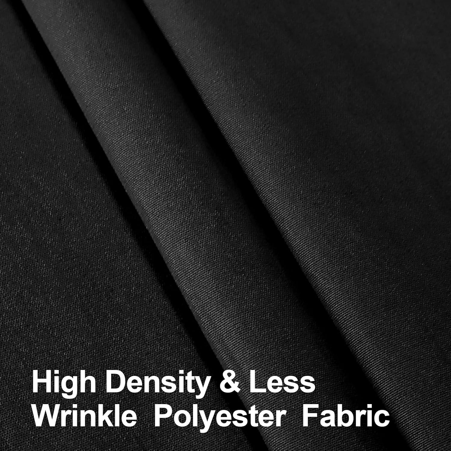 Close-up of high density and less wrinkle polyester fabric with text overlay.