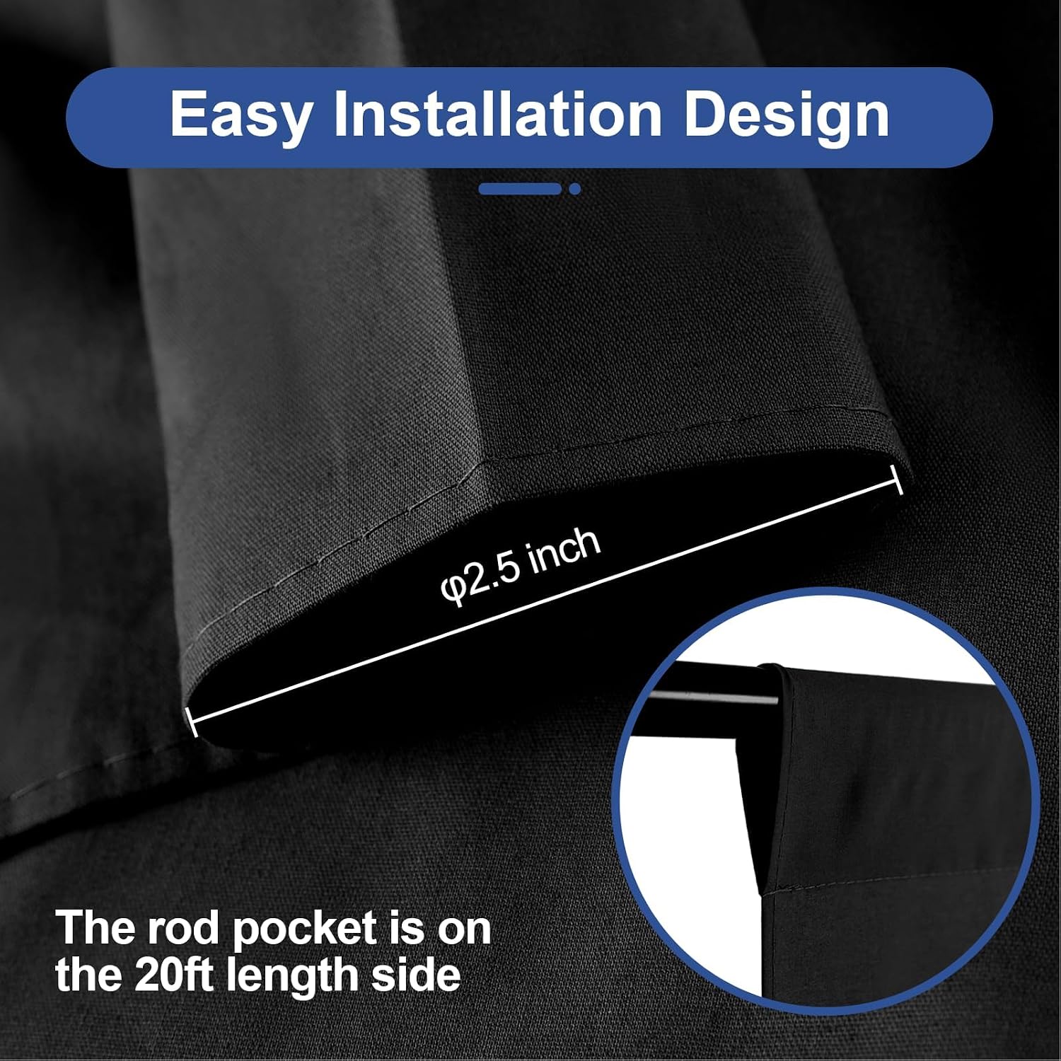 Close-up of a black curtain or fabric panel with overlaid text reading 'Easy Installation Design' and 'The rod pocket is on the 20ft length side,' plus a circular inset showing the rod pocket detail and a dimension marking of 'Φ2.5 inch.