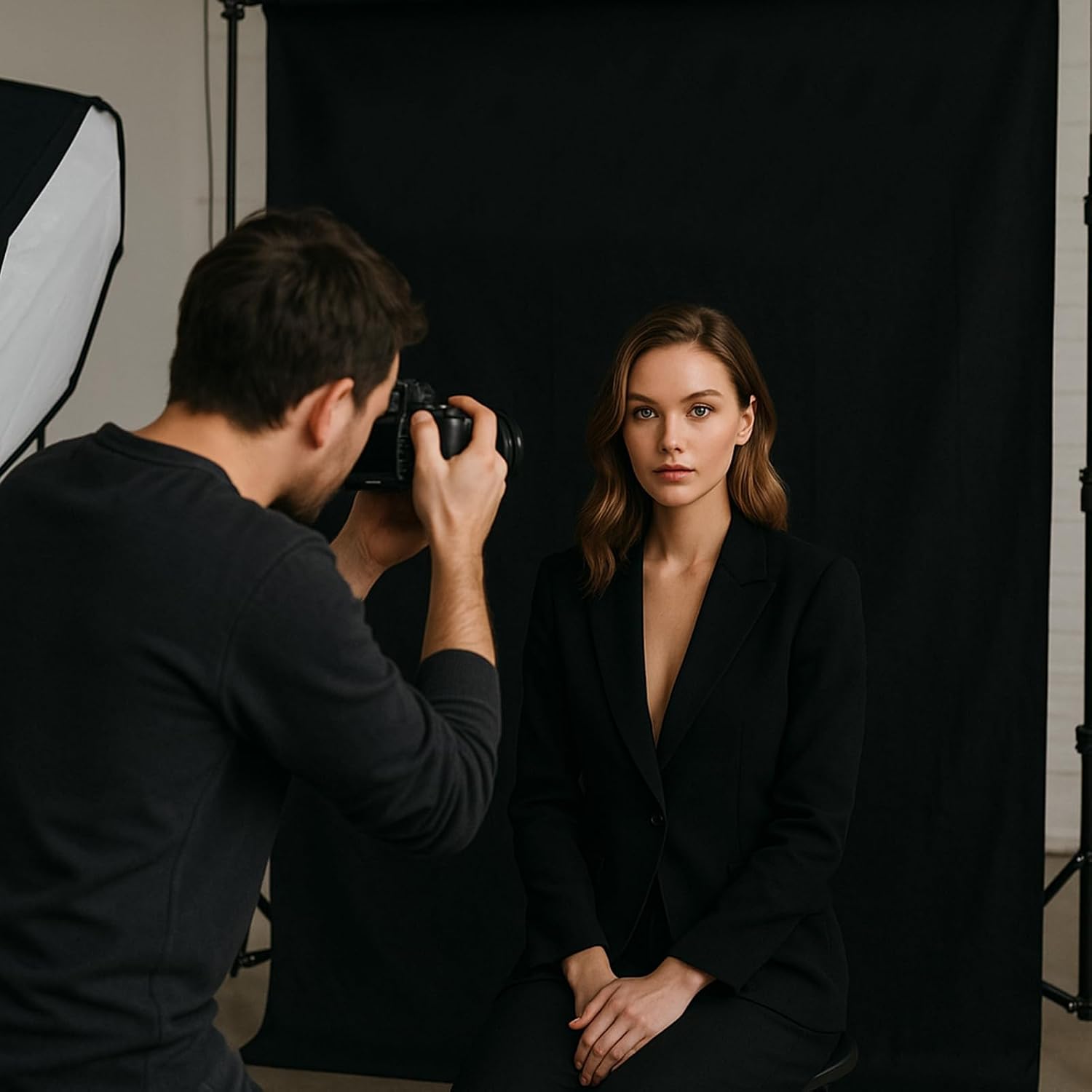 Photographer taking a picture of a model in a studio setting