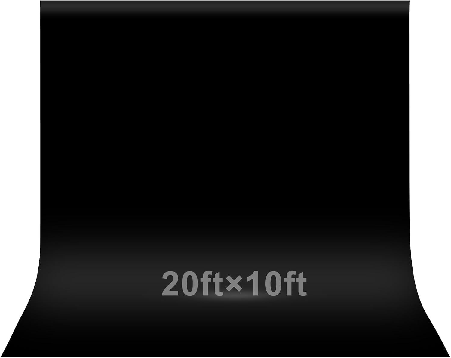 A black photography backdrop shown curved downward at the bottom with the text '20ftx10ft' printed in white near the center, on a white background.
