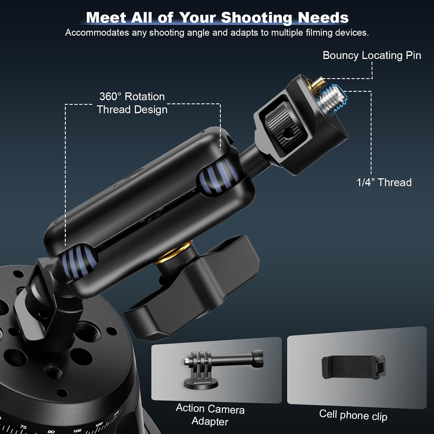 Close-up of the camera mount’s articulated magic arm, quarter-inch mounting screw and locating pin, with phone and action camera adapters.