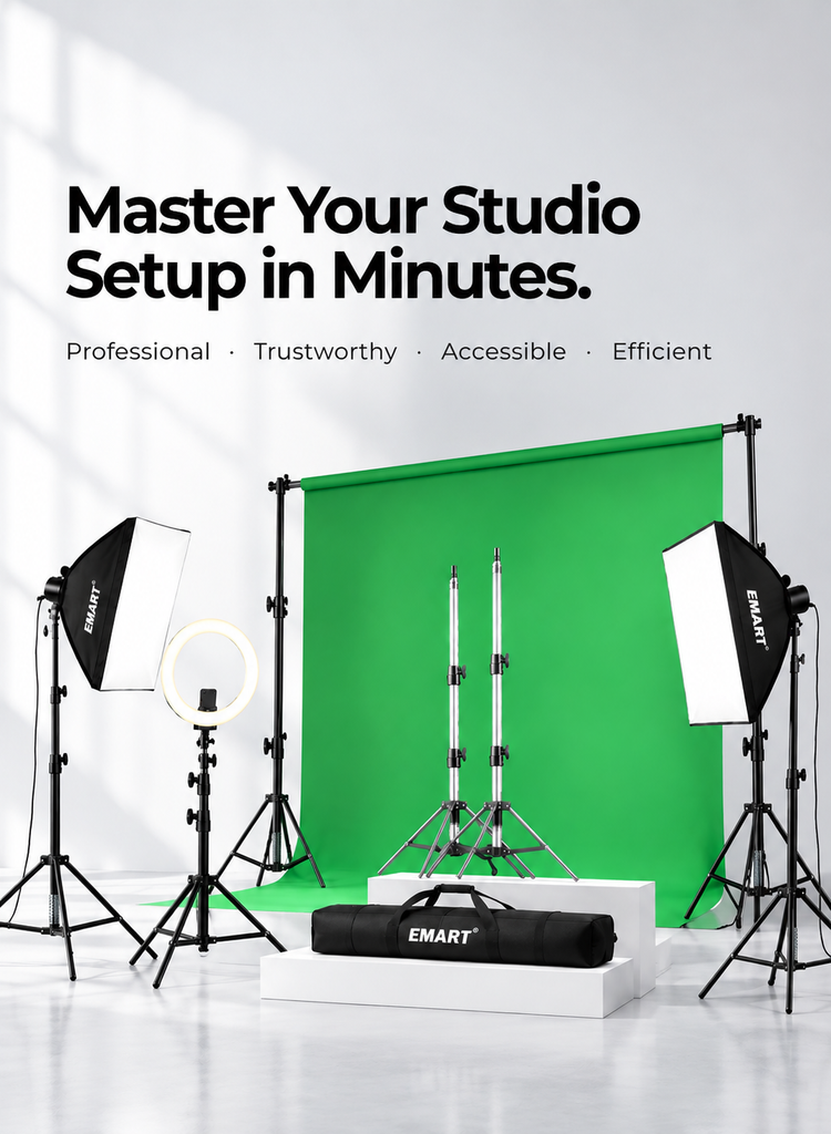EMART studio lighting kit with a green screen backdrop, softbox lights, ring light, and carrying case on a white studio floor with promotional text.