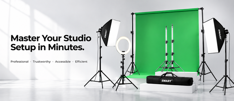 Studio green screen setup with a large green backdrop, softbox lights on stands, a ring light, a monitor stand, and a black carrying case labeled EMART, shown in a bright white studio with promotional text on the left.