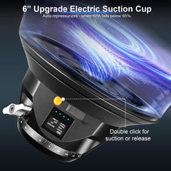 Close-up illustration of an electric suction cup mount showing its suction surface, status display and suction-release button.