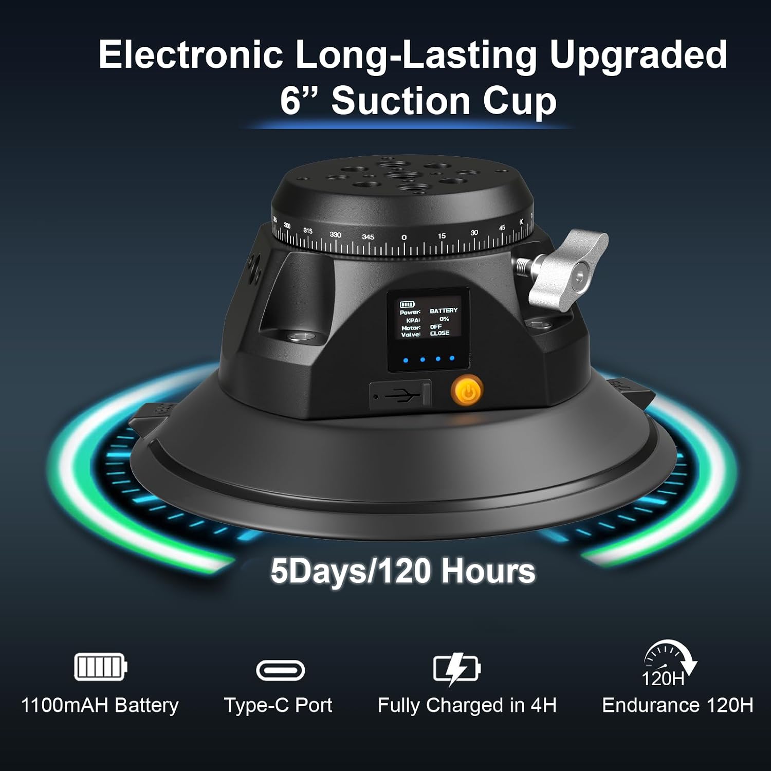 6-inch electric camera suction cup mount with a status display and infographic showing battery and USB-C charging details.