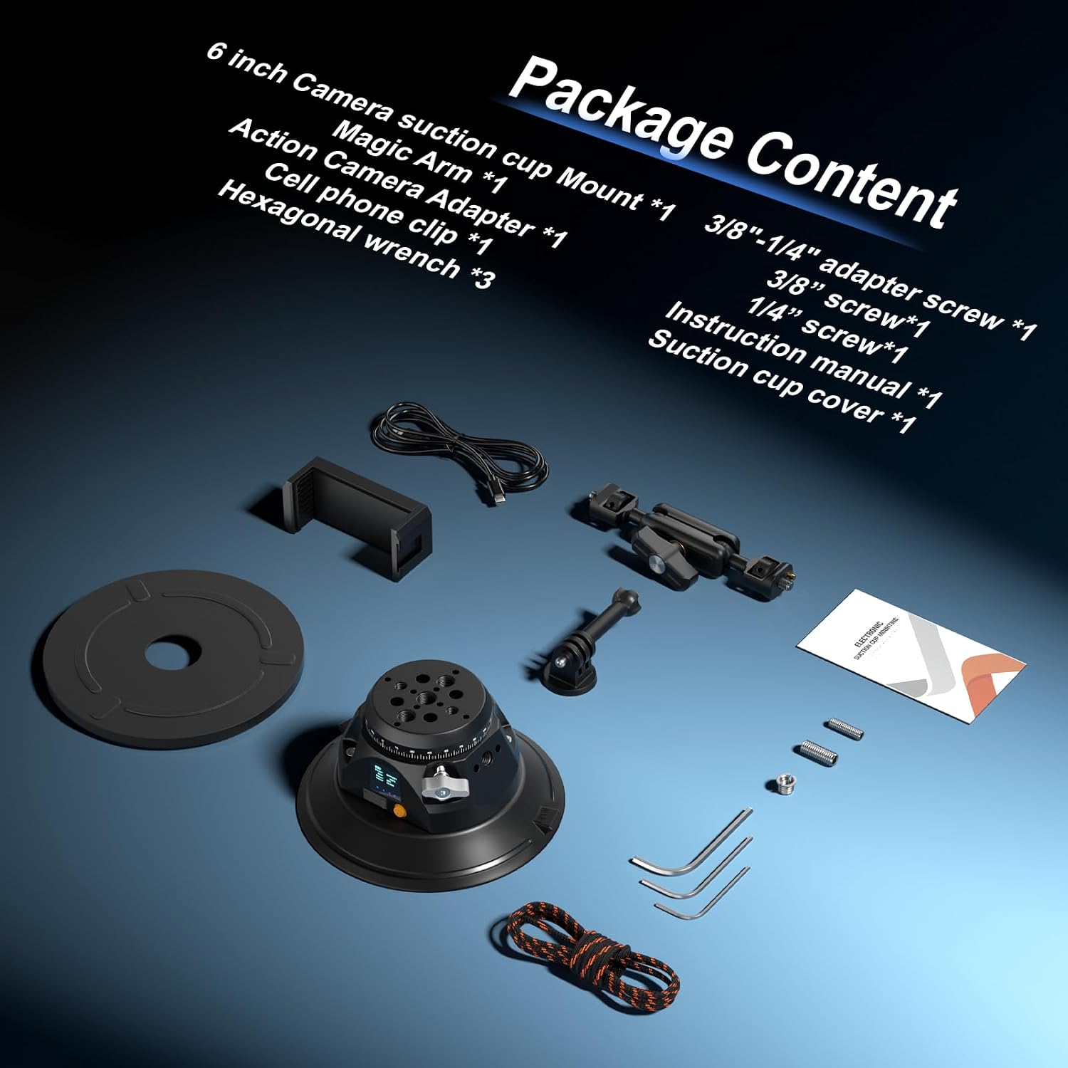 Electric suction cup camera mount kit with magic arm, phone clamp, action camera adapter, cover, cable, screws and wrenches.