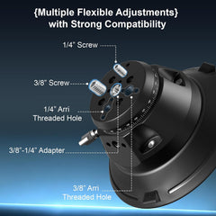Electric camera suction cup mounting plate showing quarter-inch and three-eighth-inch screws, threaded holes and an adapter.