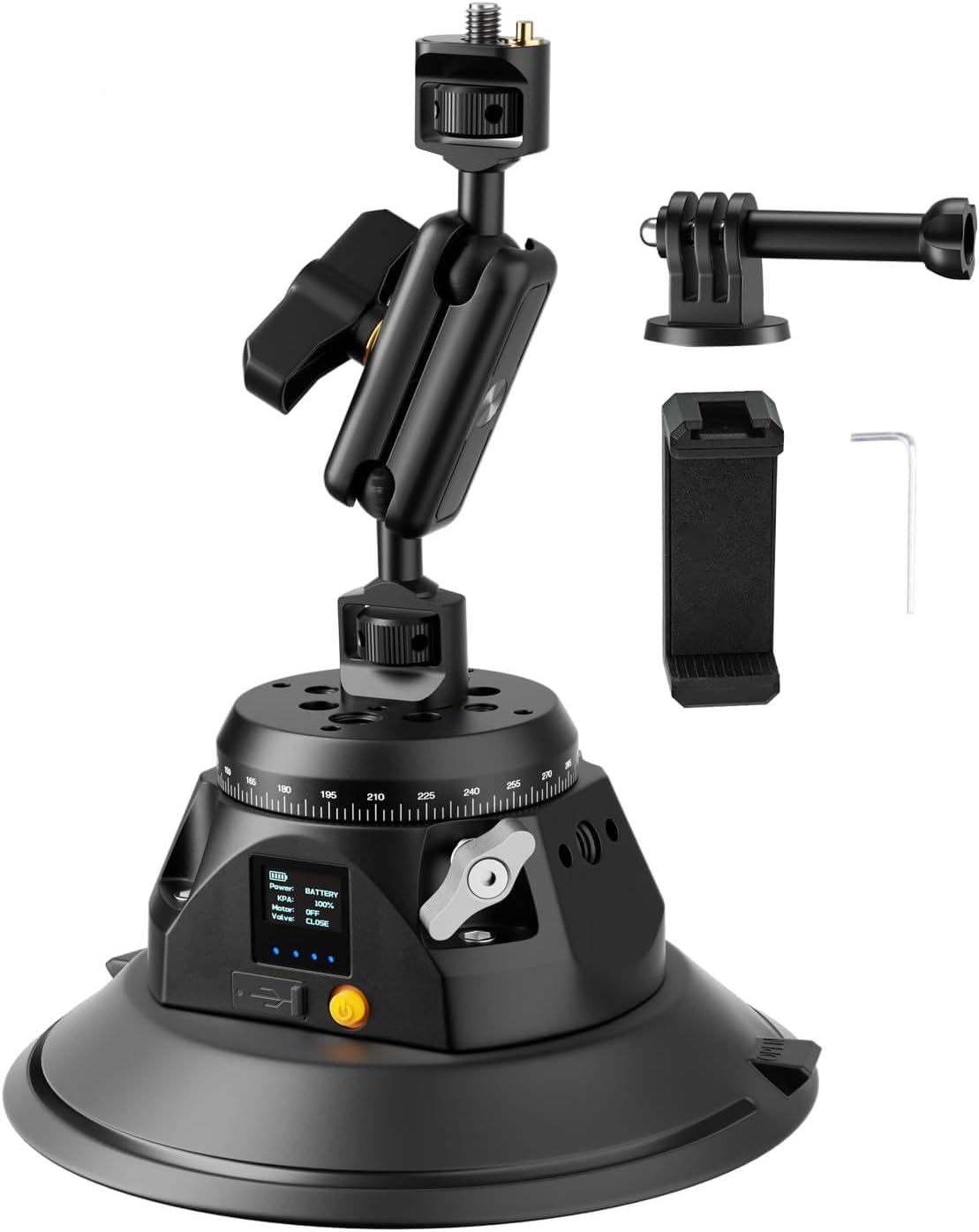 Black electric camera suction cup mount with an adjustable magic arm, action camera adapter, phone clamp and hex key on white.