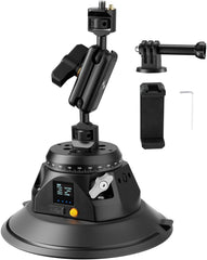 Black electric camera suction cup mount with an adjustable magic arm, action camera adapter, phone clamp and hex key on white.