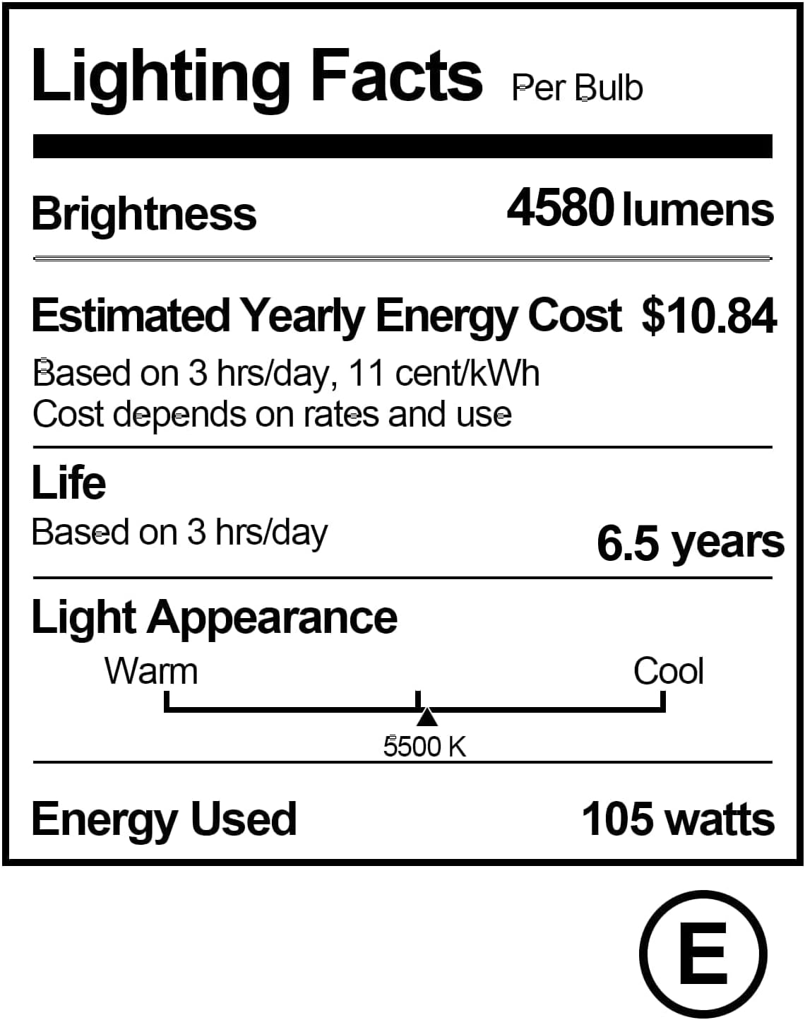 Lighting facts label for an EMART 105W CFL bulb showing brightness, energy use, estimated cost and 5500K light appearance.