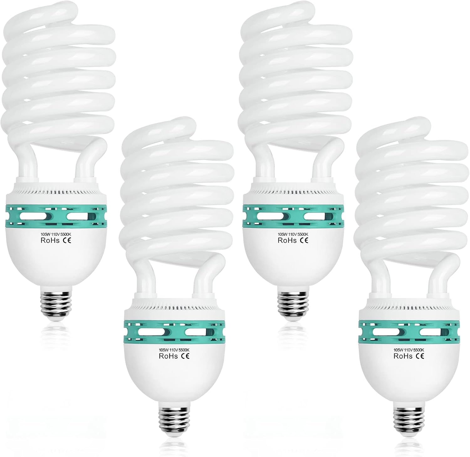Four EMART spiral daylight CFL bulbs with white housings, teal ventilation bands and screw bases on a white background.