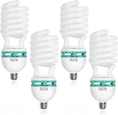 Four EMART spiral daylight CFL bulbs with white housings, teal ventilation bands and screw bases on a white background.