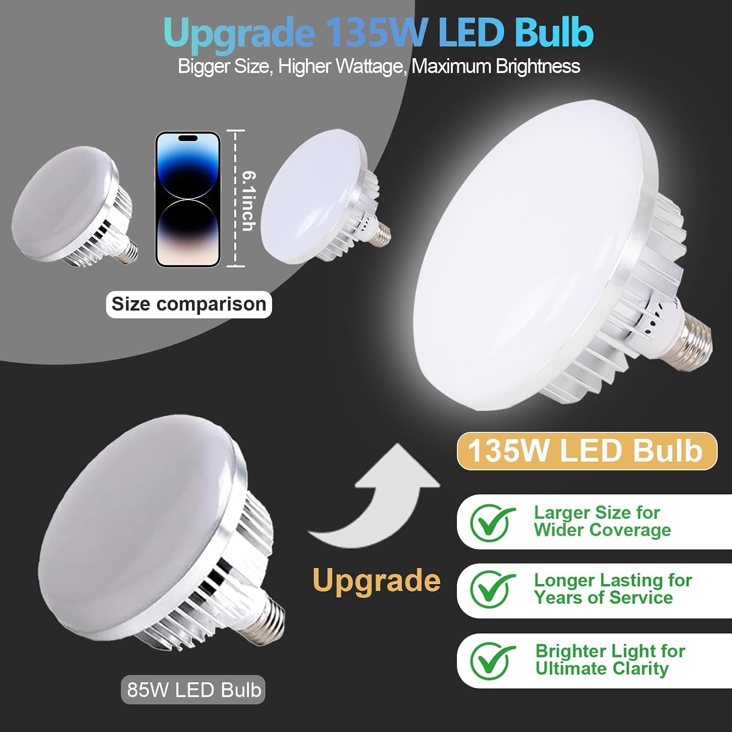 EMART 135W and 85W disc LED bulb size comparison with a smartphone shown for scale.