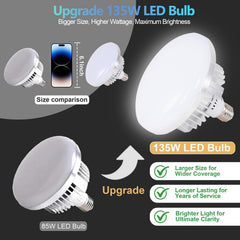 EMART 135W and 85W disc LED bulb size comparison with a smartphone shown for scale.
