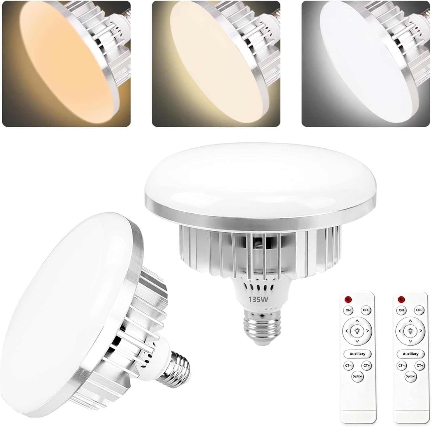 Two EMART 135W disc LED photography bulbs with two wireless remotes and examples of warm, neutral and cool lighting.