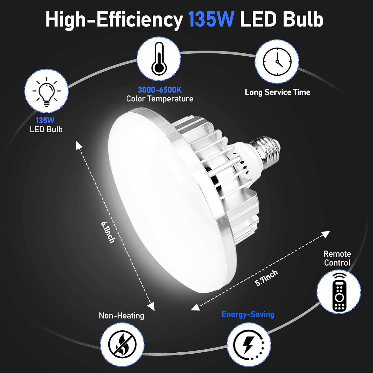 135W LED studio bulb diagram showing 3000K to 6500K color temperature and 6.1-by-5.7-inch dimensions.