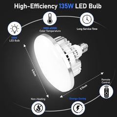 135W LED studio bulb diagram showing 3000K to 6500K color temperature and 6.1-by-5.7-inch dimensions.