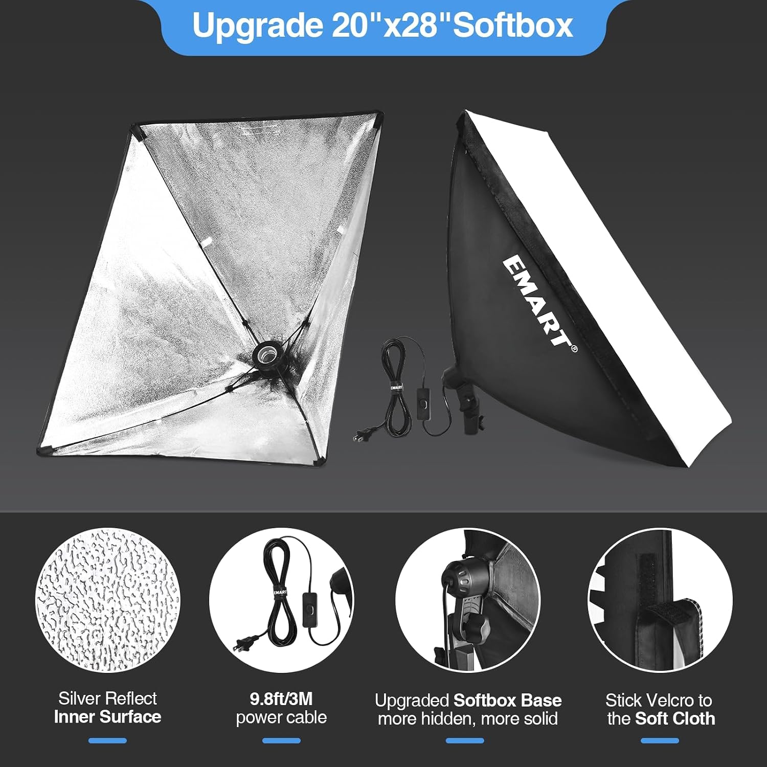 EMART 20 x 28-inch softbox showing silver reflective lining, white diffuser, power cable, and mounting details.