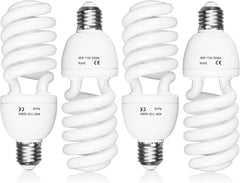 Four white spiral CFL bulbs labeled 45W and 5500K arranged in alternating directions on a white background.