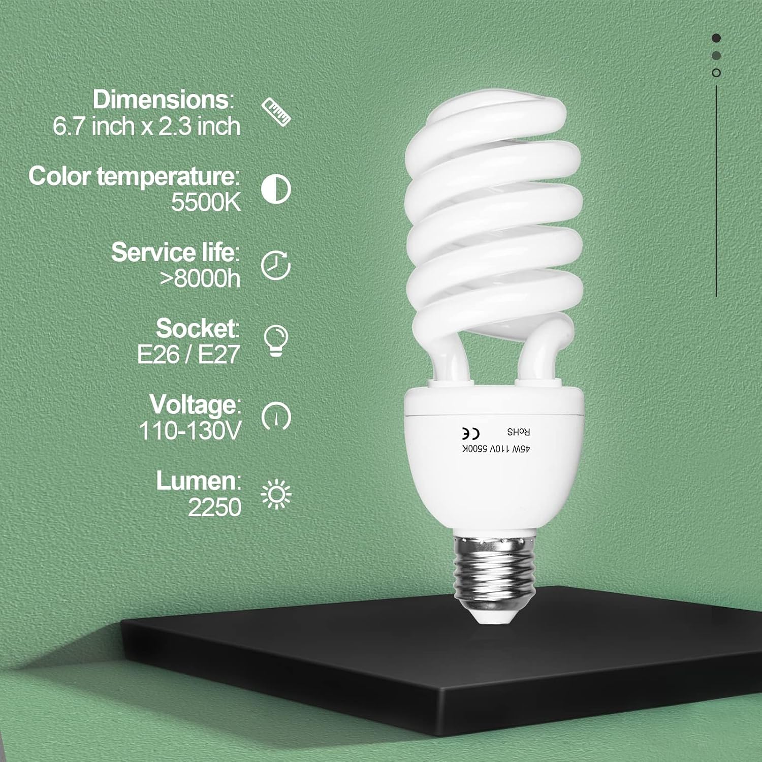 Spiral CFL bulb specification chart showing 6.7 by 2.3 inch dimensions, 5500K color temperature, E26/E27 socket and 2250 lumens.