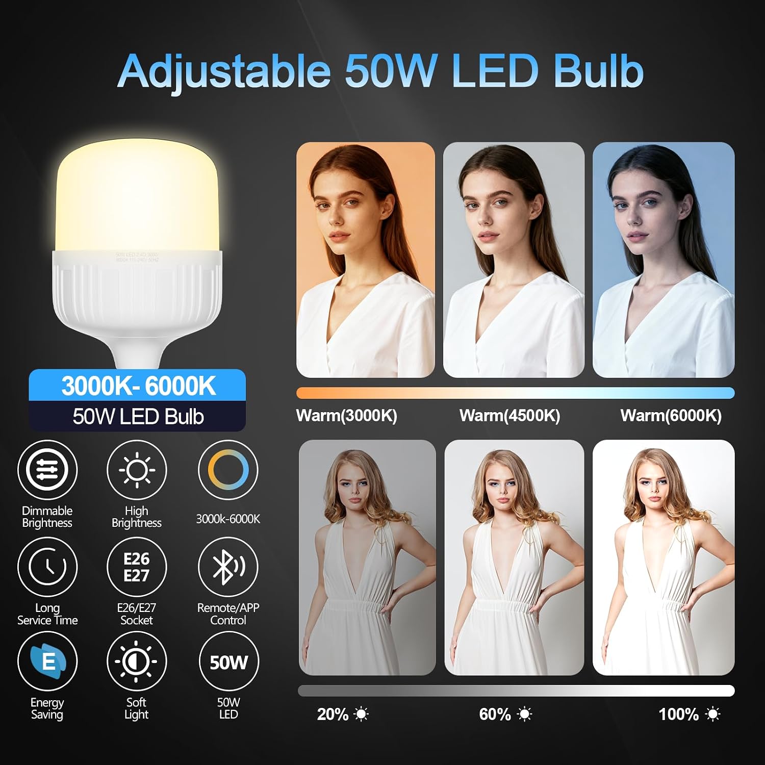EMART 50W LED bulb showing 3000K–6000K color temperature options and 20%, 60% and 100% brightness
