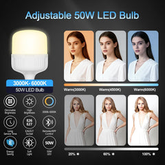 EMART 50W LED bulb showing 3000K–6000K color temperature options and 20%, 60% and 100% brightness