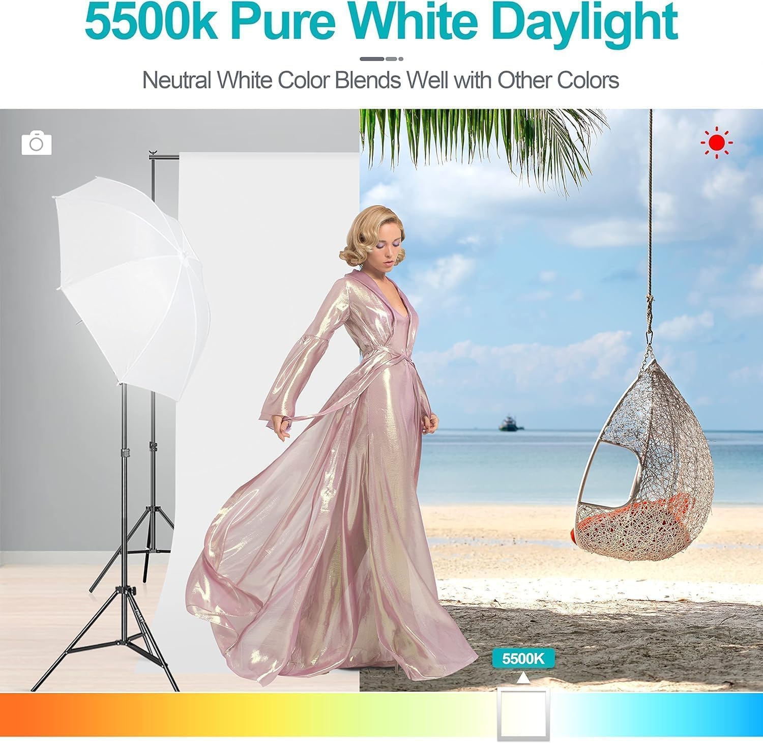 5500K daylight illustration showing a woman in a pink dress between a studio umbrella setup and a beach scene above a color scale.