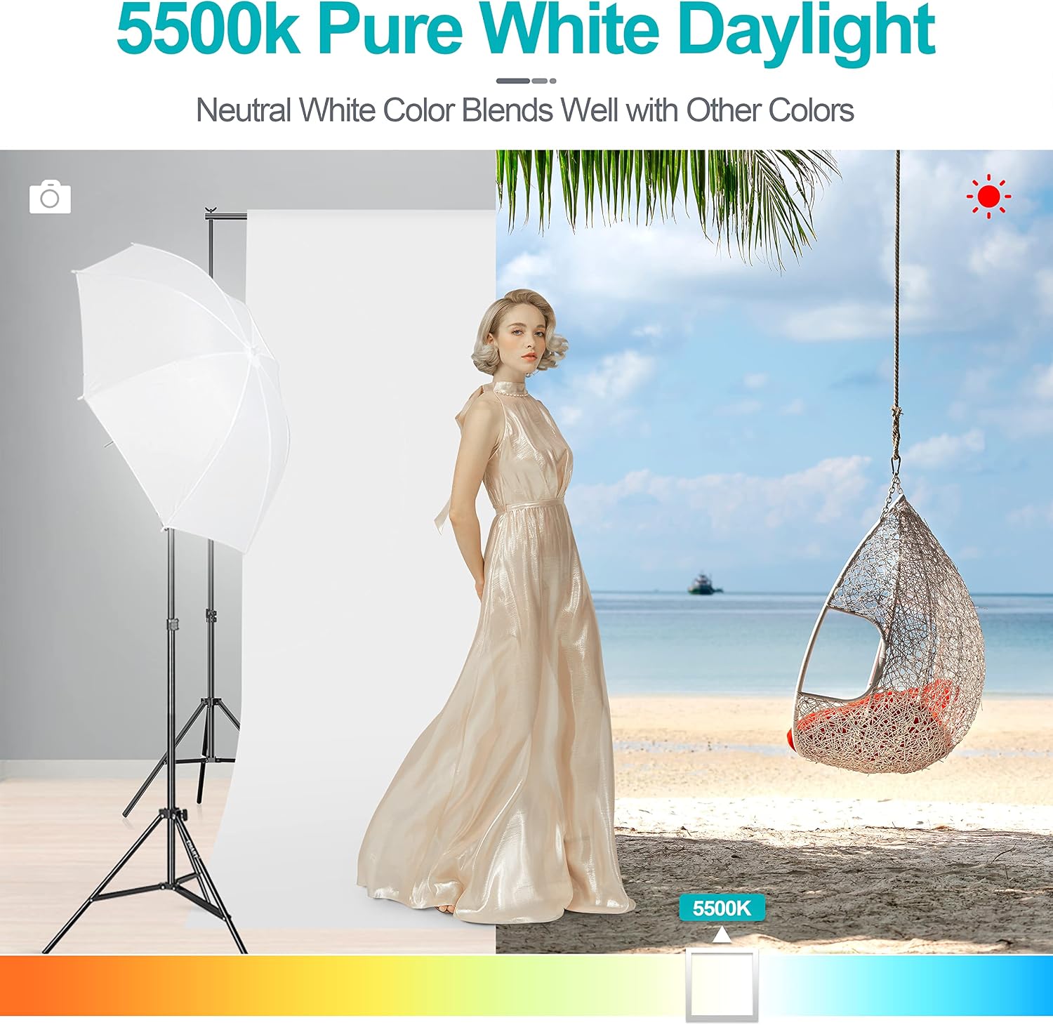 5500K daylight lighting illustration with a model between a studio umbrella setup and a beach scene above a color-temperature scale.