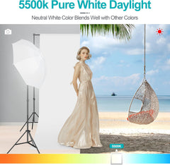 5500K daylight lighting illustration with a model between a studio umbrella setup and a beach scene above a color-temperature scale.