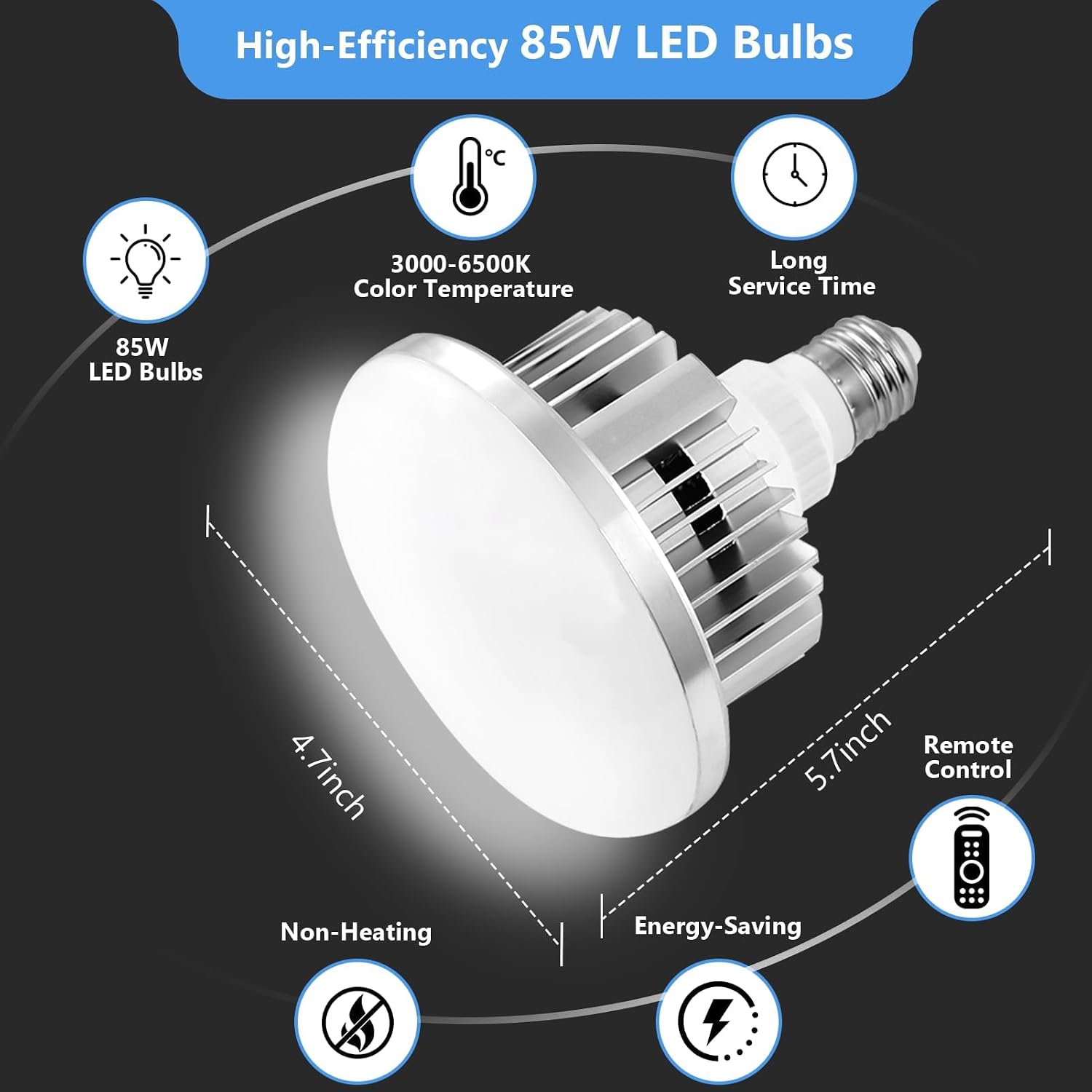 EMART 85W LED bulb with dimension labels and icons for adjustable color temperature and remote control.